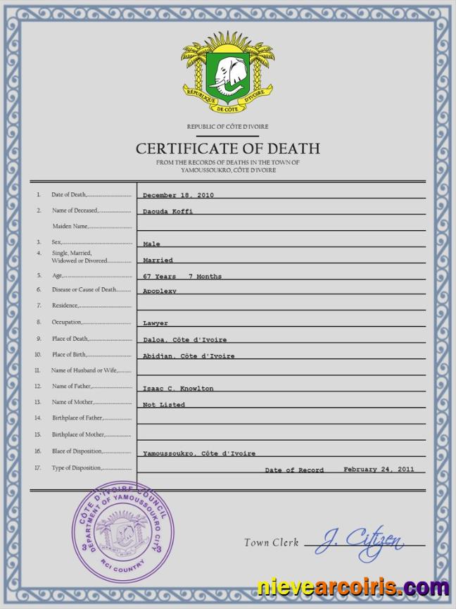 Côte d’Ivoire vital record death certificate